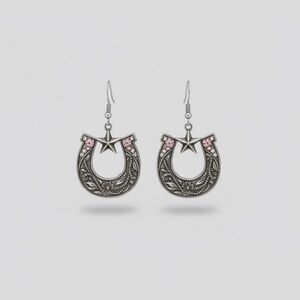 Silver Antique Brushed Metal Horseshoe Sparkling Iridescent Rhinestone Earrings